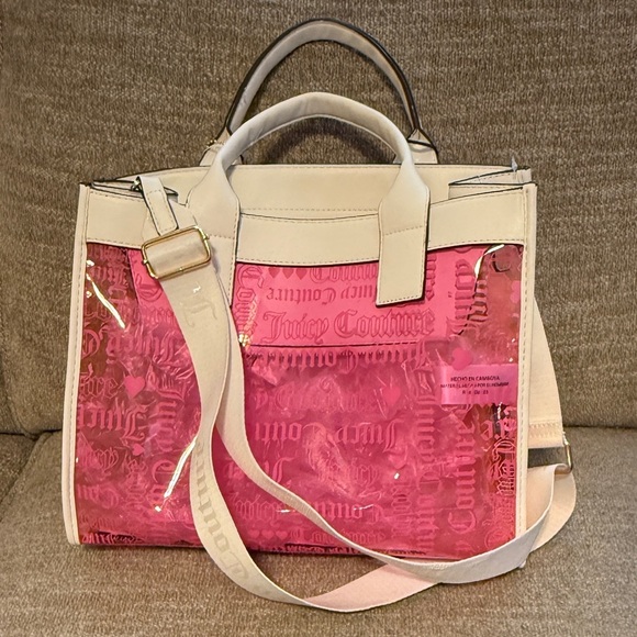 Juicy Couture Heart Beachin Large Tote Bag, Pink & Yellow PVC, White Handles NWT - Picture 8 of 11